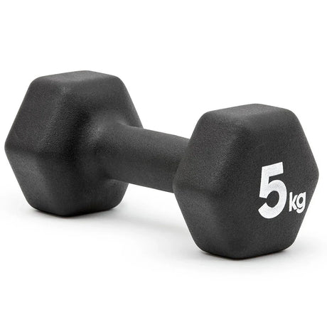 Black 5 kg hexagonal rubber-coated dumbbell on white background