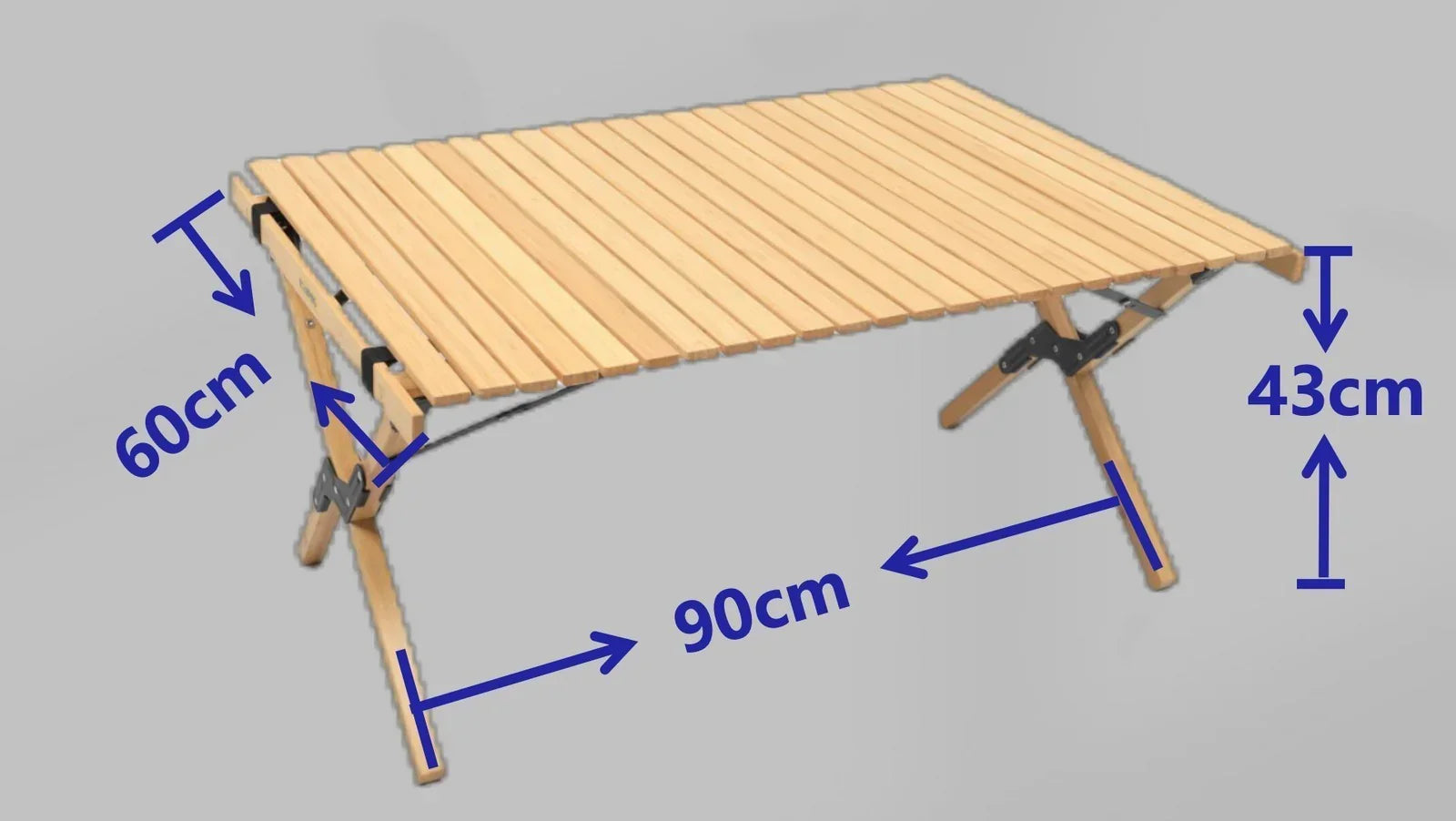 Wooden slatted portable folding table with dimensions 90cm by 60cm by 43cm