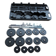 Set of black 5kg, 2.5kg, and 1.25kg weight plates with metal dumbbell bars and black carrying case