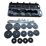 Set of black 5kg, 2.5kg, and 1.25kg weight plates with metal dumbbell bars and black carrying case