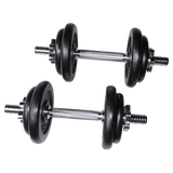 Pair of adjustable black weight plate dumbbells with chrome handles isolated on white