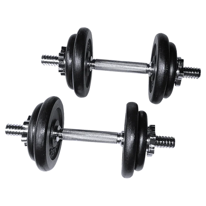 Pair of adjustable black weight plate dumbbells with chrome handles isolated on white