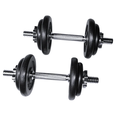 Pair of adjustable black weight plate dumbbells with chrome handles isolated on white