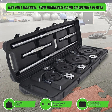 50kg weight set with one full barbell, two dumbbells, 16 plates in a sturdy black case, gym background