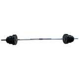Chrome barbell with adjustable black weight plates for weightlifting and strength training