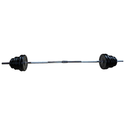 Chrome barbell with adjustable black weight plates for weightlifting and strength training
