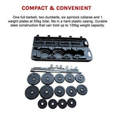 Compact weightlifting set with barbell, dumbbells, weight plates, and plastic storage case