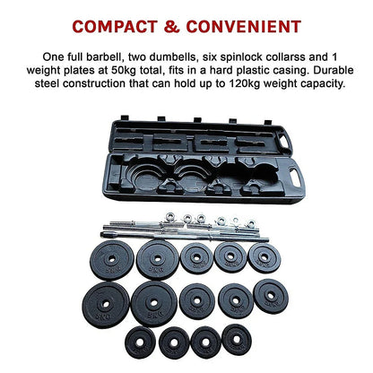 Compact weightlifting set with barbell, dumbbells, weight plates, and plastic storage case