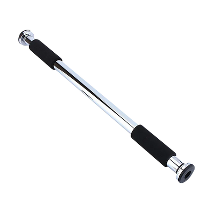 Adjustable chrome steel door pull-up bar with black foam grips for home workouts