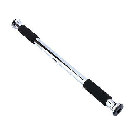 Adjustable chrome steel door pull-up bar with black foam grips for home workouts