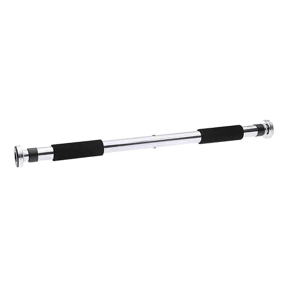 Adjustable chrome pull-up bar with black foam grips for doorframe exercise