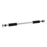 Adjustable chrome pull-up bar with black foam grips for doorframe exercise