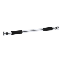 Adjustable chrome pull-up bar with black foam grips for doorframe exercise