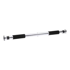 Adjustable chrome pull-up bar with black foam grips for doorframe exercise