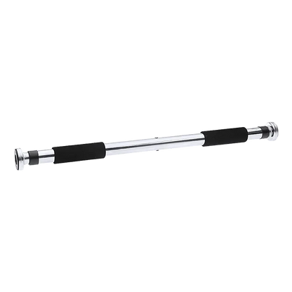 Adjustable chrome pull-up bar with black foam grips for doorframe exercise