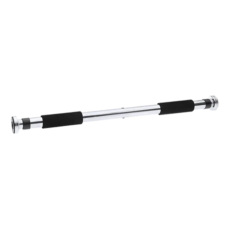 Adjustable chrome pull-up bar with black foam grips for doorframe exercise