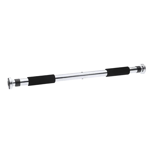 Adjustable chrome pull-up bar with black foam grips for doorframe exercise