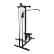 Black lat pulldown machine with seat and weight plate holders, gym equipment on black background