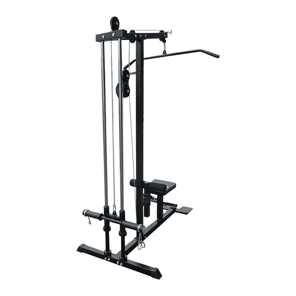 Black lat pulldown machine with seat and weight plate holders, gym equipment on black background