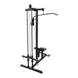Black lat pulldown machine with seat and weight plate holders, gym equipment on black background