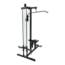 Black lat pulldown machine with seat and weight plate holders, gym equipment on black background