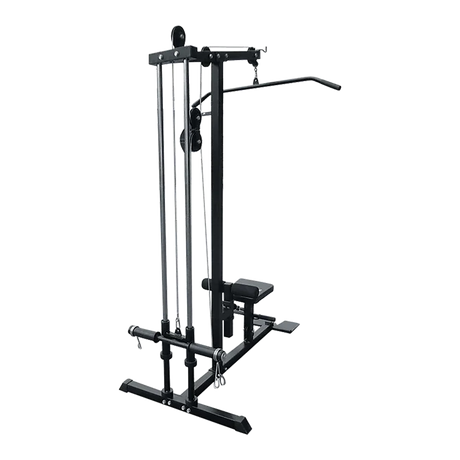 Black lat pulldown machine with seat and weight plate holders, gym equipment on black background