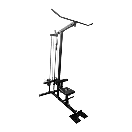 Lat pulldown and low row machine with black frame, chrome guides on white background