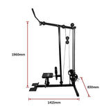 Black lat pulldown machine with seat and measurement dimensions in millimeters