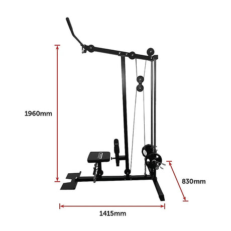 Black lat pulldown machine with seat and measurement dimensions in millimeters