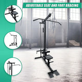 Lat pulldown machine with adjustable seat and foot bracing in a gym setting