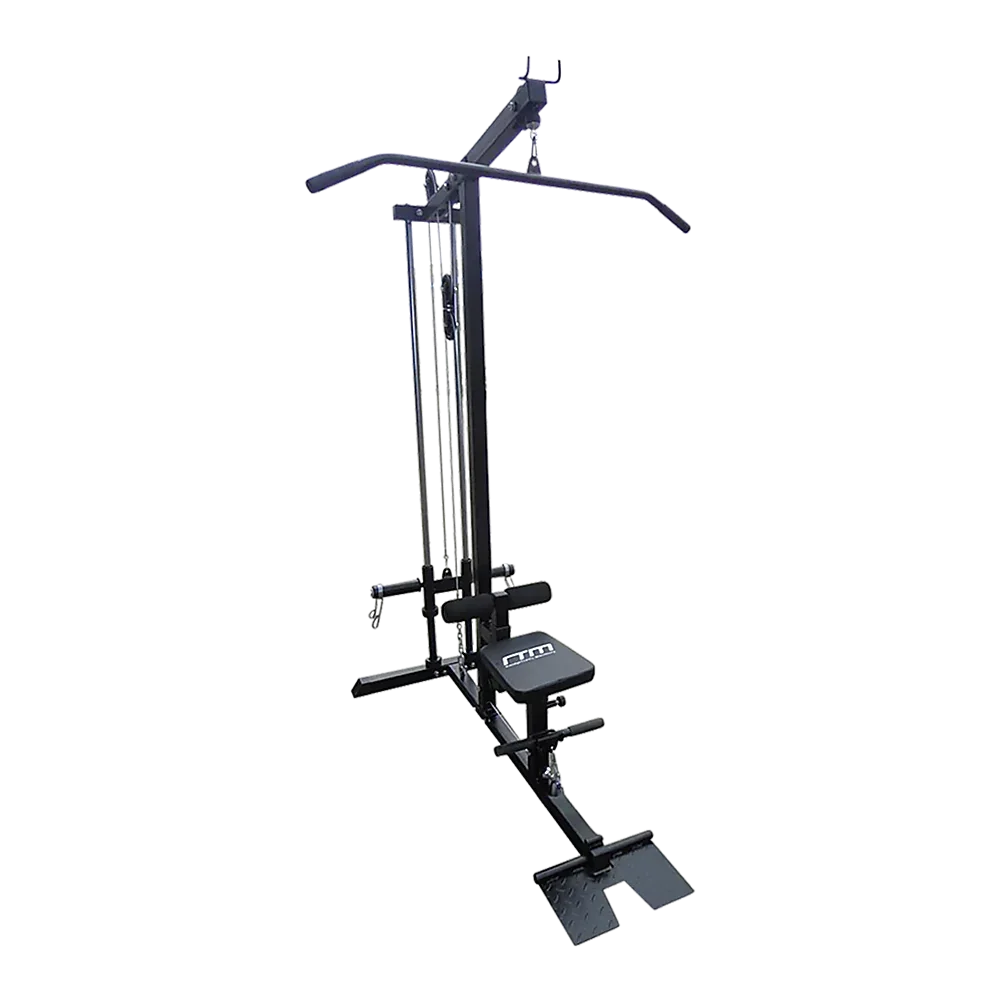 Black lat pulldown machine with padded seat and high pulley, gym equipment on white background