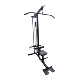 Black lat pulldown machine with padded seat and high pulley, gym equipment on white background