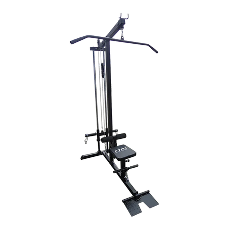 Black lat pulldown machine with padded seat and high pulley, gym equipment on white background