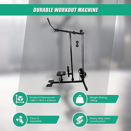 Durable workout machine with lat pulldown, steel frame, 150kg capacity, easy assembly