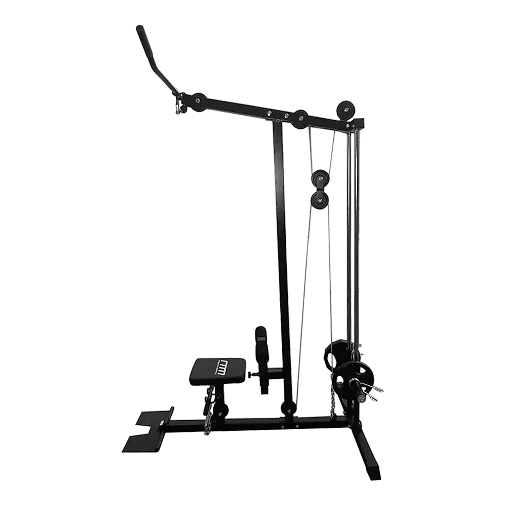 Black lat pulldown machine with padded seat and cable attachment on white background
