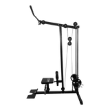 Black lat pulldown machine with padded seat and cable attachment on white background
