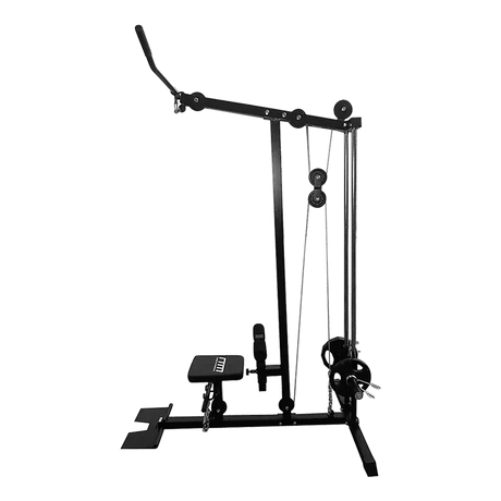 Black lat pulldown machine with padded seat and cable attachment on white background