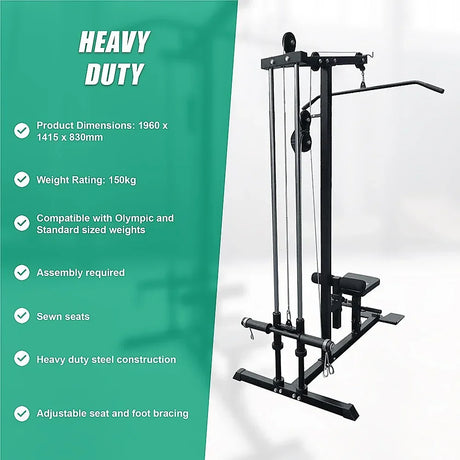 Heavy duty steel lat pulldown gym machine with adjustable seat, foot bracing, and pulley system.