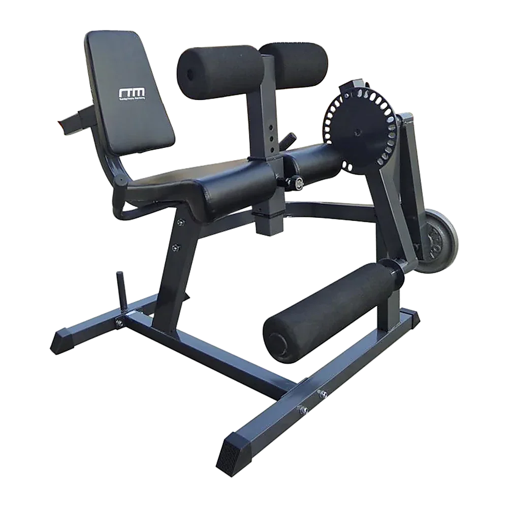 Black adjustable sissy squat and leg extension machine with padded rollers and seat