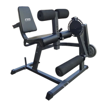 Black adjustable sissy squat and leg extension machine with padded rollers and seat