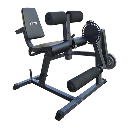Black adjustable sissy squat and leg extension machine with padded rollers and seat