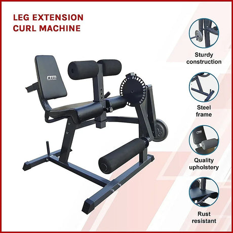 Leg extension curl machine with steel frame, black upholstery, and sturdy construction.