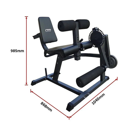 Black sissy squat machine gym equipment with padded rollers and dimensions 985mm x 868mm x 1040mm