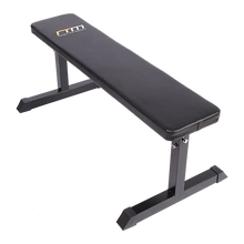 Flat black weight bench with steel frame for gym and home workout training