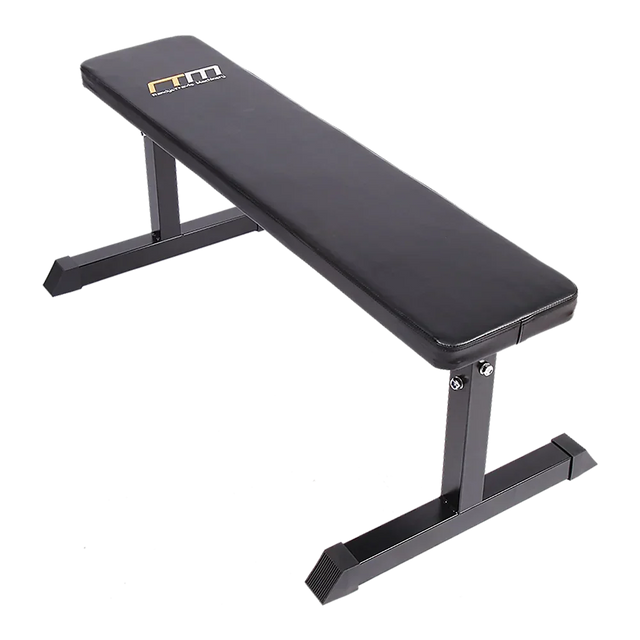 Flat black weight bench with steel frame for gym and home workout training