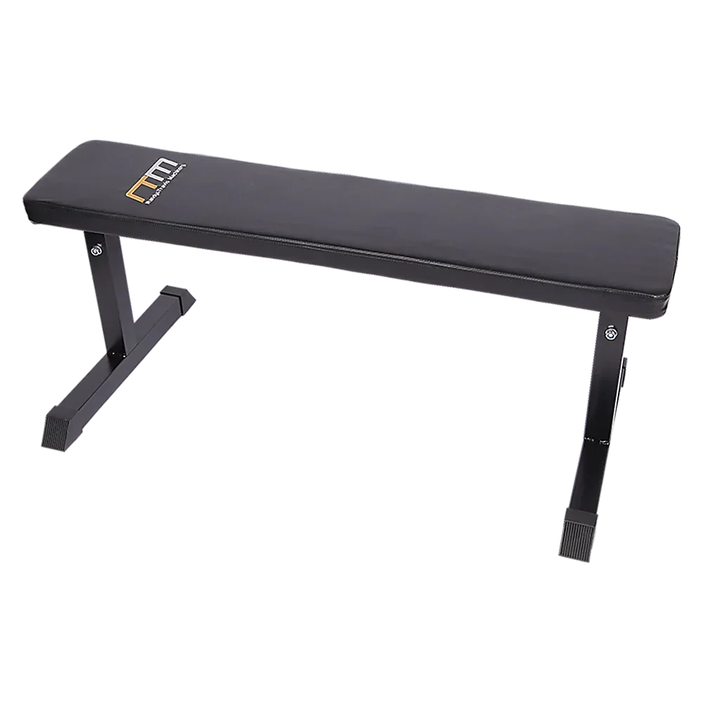Black flat weight bench with metal frame for home gym workouts