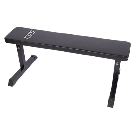 Black flat weight bench with metal frame for home gym workouts