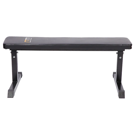 Black flat weight bench with sturdy steel frame for gym or home workout.