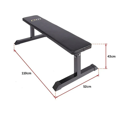 Flat weight bench with black padded seat and steel frame, dimensions 110x52x43cm