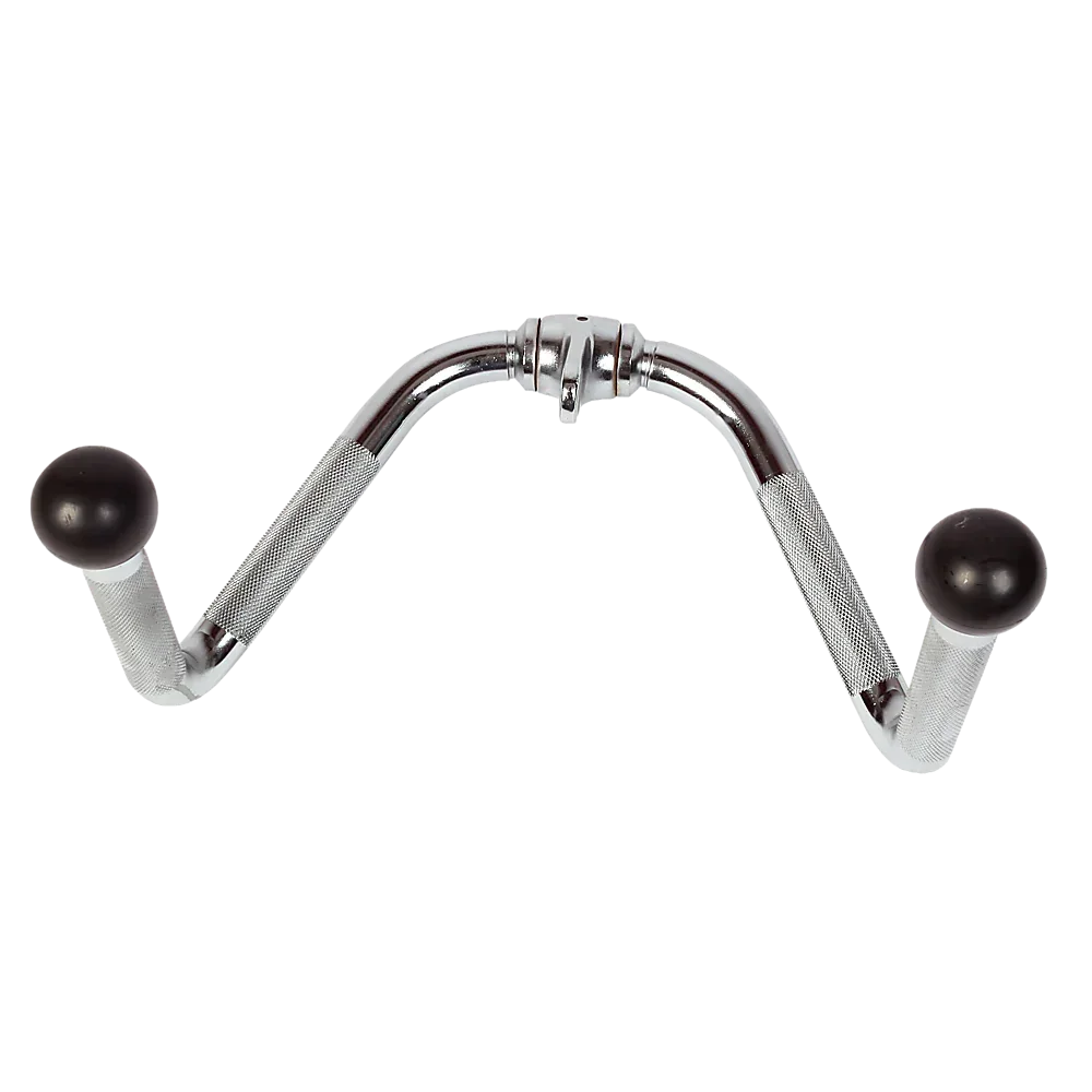 Chrome steel V-shaped cable attachment with knurled handles and black rubber ends for gym workouts